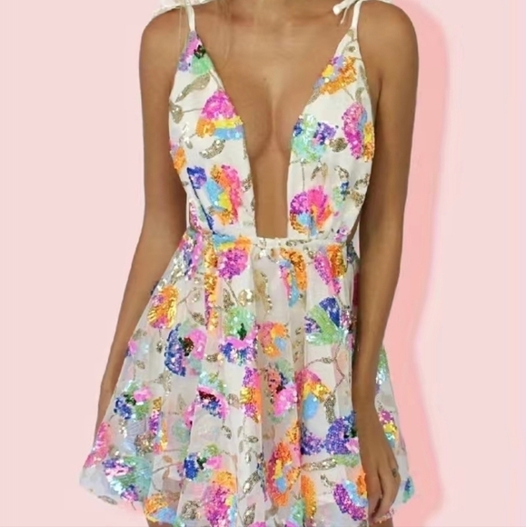 White Ditsy Floral, Embroidered,  Contrast Sequin Formal Mini Dress - Picture 3 of 11